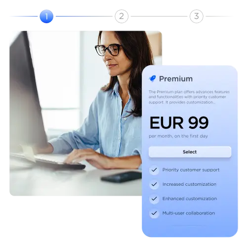A subscription plan (premium) priced at 99€ with different features listed