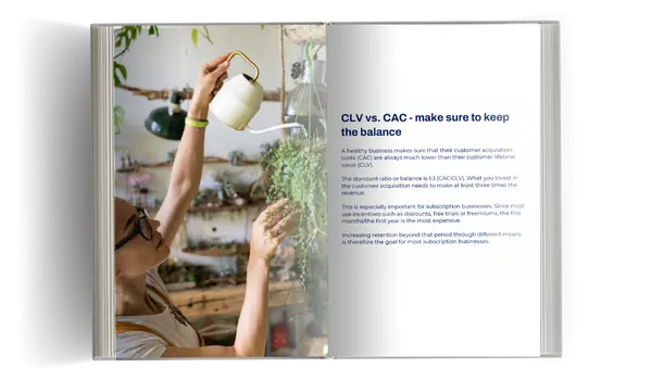 CLV vs. CAC - make sure to keep the balance A healthy business makes sure that their customer acquisition costs (CAC) are always much lower than their customer lifetime value (CLV). The standard ratio or balance is 1:3 (CAC:CLV). What you invest in the customer acquisition needs to make at least three times the revenue. This is especially important for subscription businesses. Since most use incentives such as discounts, free trials or freemiums, the first months/the first year is the most expensive. Increasing retention beyond that period through different means is therefore the goal for most subscription businesses.