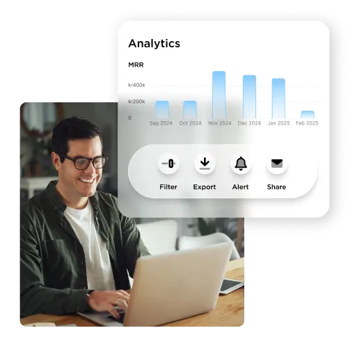 Analytics dashboard with filter, export, alert and share options