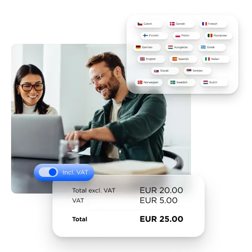 Different language flags and VAT calculations