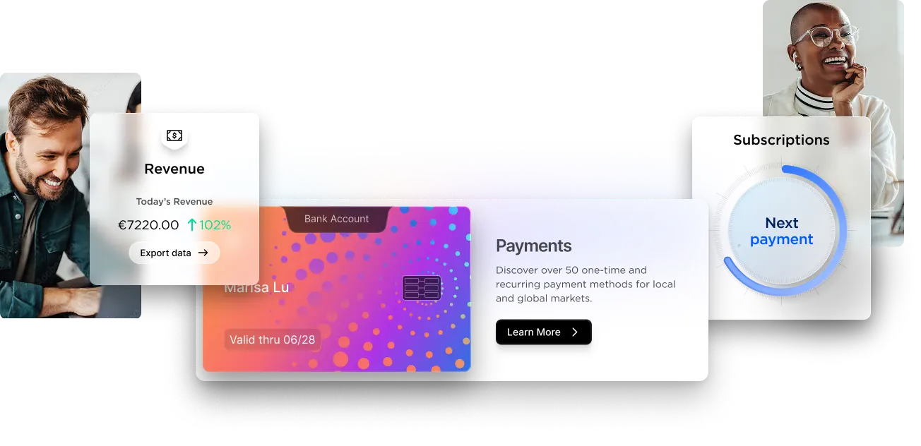 A visual representing different aspects of the Frisbii payment gateway such as over 50 payment methods, revenue insights and recurring payment options.
