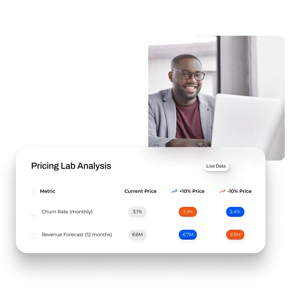 A screenshot showing an excerpt of the Frisbii Predictive Analytics Pricing Lab Analysis with metrics such as churn rate or revenue forecast for different pricing points.